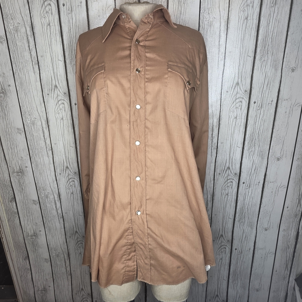 H Bar C Vintage Western Tan Shirt Made In USA M Cowboy Pearl Button Ranchwear
